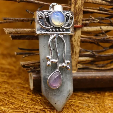 Naturstein Sechseckige Säule Punkt Anhänger Nur Retro Legierung Hülle Schwertform Labradorit Amethyst Rosenquarz Anhänger Ohne Kette Für Schmuckherstellung Damen Herren