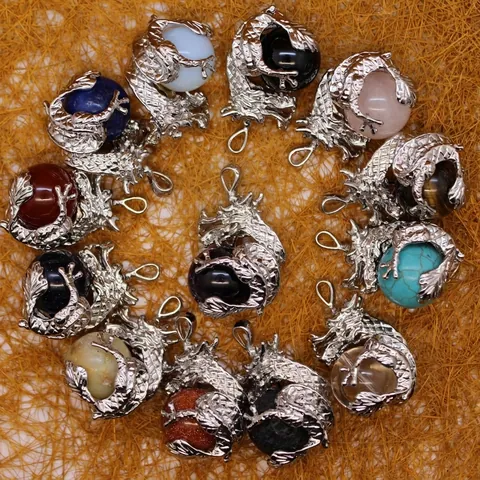 Vintage Alloy Chinese Dragon Pendant Only Without Chain Lava Stone Round Bead Mythical Animal Charm Jewelry For Women Men
