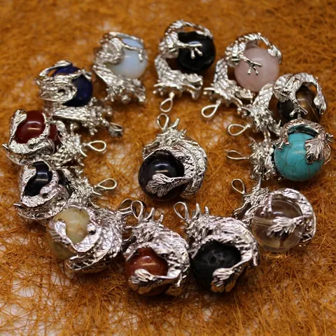 Vintage Alloy Chinese Dragon Pendant Only Without Chain Lava Stone Round Bead Mythical Animal Charm Jewelry For Women Men