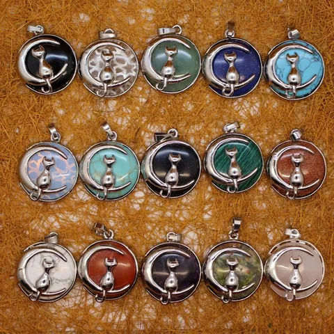 Pendentif Seul Sans Chaîne en Alliage Vintage avec Pierre Naturelle Chat Lune Quartz Rose Améthyste Turquoise Lapis Lazuli Cristal de Guérison Bijou Femme Cadeau