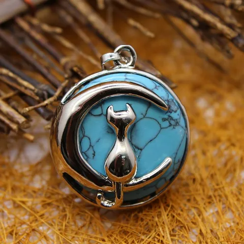 Pendentif Seul Sans Chaîne en Alliage Vintage avec Pierre Naturelle Chat Lune Quartz Rose Améthyste Turquoise Lapis Lazuli Cristal de Guérison Bijou Femme Cadeau