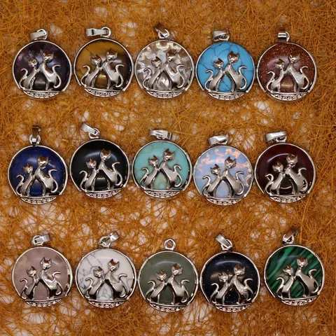 Vintage Ethnic Round Agate Gemstone Pendant Only Without Chain For Women Alloy Inlaid Fox Cat Animal Pendant Jewelry Gift