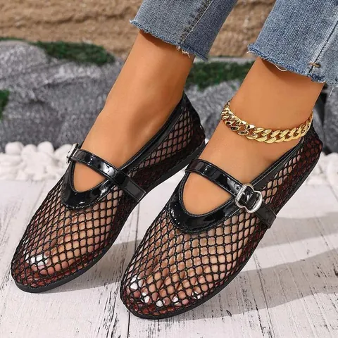 Zapatos Planos Mary Jane de Malla Calada para Mujer Transpirables Suela Blanda Zapatos de Caminar Casual Tallas Grandes Verano