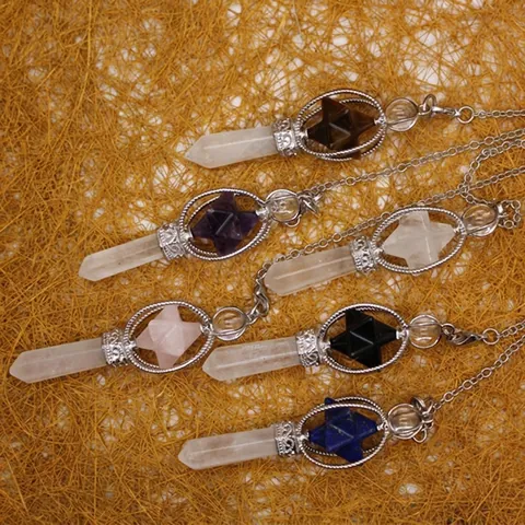 Natural Crystal Merkaba Pendulum Pendant Necklace Amethyst Clear Quartz Rose Quartz Hexagonal Point Dowsing Scrying Jewelry