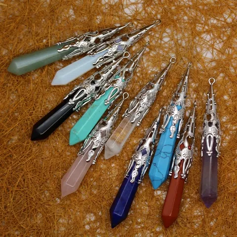 Natural Stone Hexagonal Point Pendant Only (Without Chain) Retro Alloy Filigree Cap Healing Crystal Pendulum For Jewelry Making