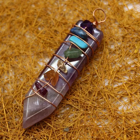 Hexagonal Point Pendant Sword Shape Wire Wrapped Stone Necklace 7 Chakra Rainbow Chips Amethyst Crystal Jewelry Gift