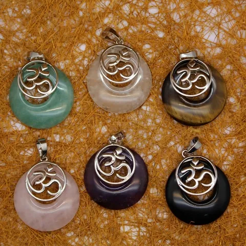 Collier Pendentif Disque Pi en Améthyste Naturelle Quartz Rose Cristal Aventurine Oeil de Tigre Agate Noire Symbole Om Bijoux