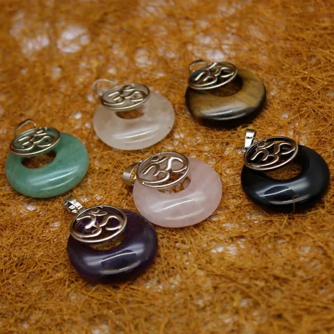 Collier Pendentif Disque Pi en Améthyste Naturelle Quartz Rose Cristal Aventurine Oeil de Tigre Agate Noire Symbole Om Bijoux