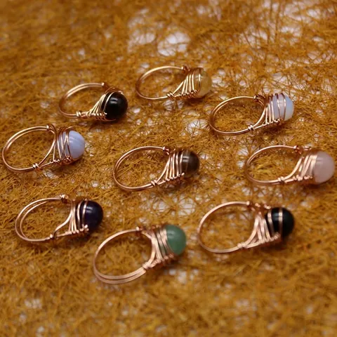 Rose Gold Handmade Wire Wrapped Natural Stone Rings Purple Agate Citrine Rose Quartz Minimalist Bohemian Jewelry For Women
