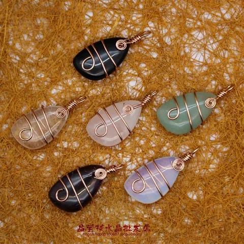 Handmade Wire Wrapped Teardrop Pendant Rose Gold Metal Wrap Clear Quartz Amethyst Aventurine Stone Pendant For Women Jewelry