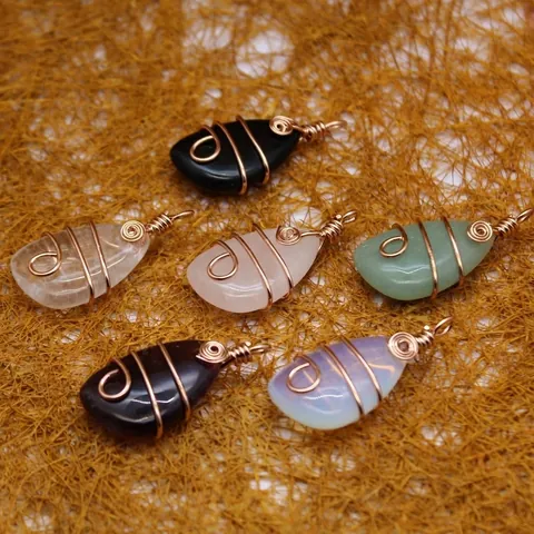 Handmade Wire Wrapped Teardrop Pendant Rose Gold Metal Wrap Clear Quartz Amethyst Aventurine Stone Pendant For Women Jewelry