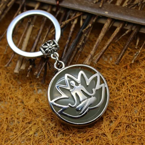 Llavero Colgante de Meditación Zen Loto Yoga Piedra Natural Aleación Anillo de Llave Hueco Joyería Étnica Retro Regalo