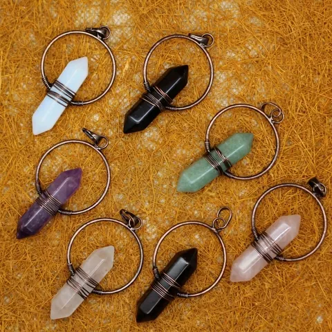 Natural Stone Hexagonal Pillar Pendant Wire Wrapped Crystal Pendulum Necklace For Reiki Healing Bohemian Vintage Jewelry