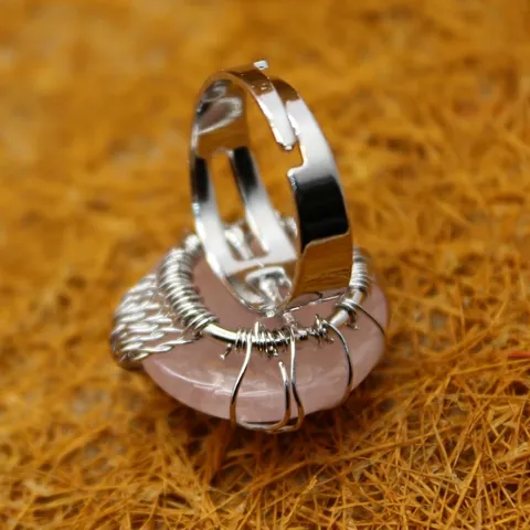 Handmade Tree Of Life Wire Wrapped Ring For Women Men Natural Crystal Amethyst Rose Quartz Adjustable Open Finger Ring Jewelry