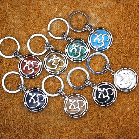 Vintage Silver Tone Om Symbol Round Crystal Keychain Φυσική Πέτρα Healing Yoga Key Ring Πνευματικό Δώρο Διαλογισμού