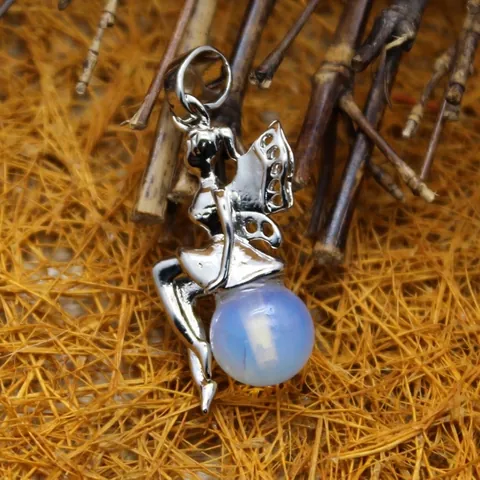 Vintage Zilveren Fee Engel Hanger Ketting Met Kristallen Bol Natuursteen Holle Vleugels Charm Sieraden Voor Vrouwen Cadeau