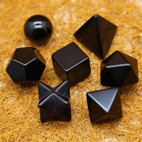 Juego de Sólidos Geométricos de Obsidiana Negra Natural Cristales de Sanación Piedra Pulida Adornos Decoración Hogar