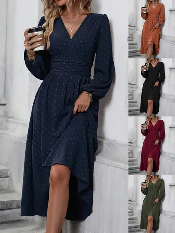 Women Elegant Lantern Sleeve V-Neck Dress Polyester Swiss Dot Textured Solid Color Midi Dress Retro Slim Pullover Dress