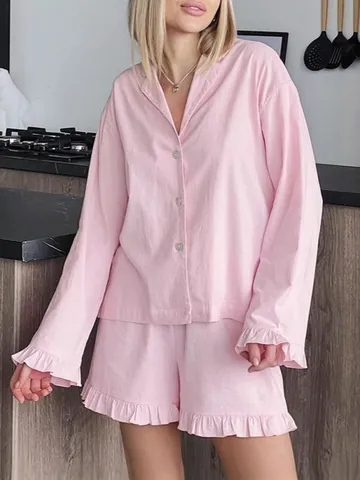 Dames Katoen Loungewear Top And Bottom Rimpelrand Zoet Roze Shirt Met Lange Mouwen En Knoppen En Shorts Comfortabele Huisuitrusting