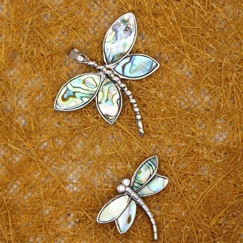 Natural Abalone Shell Dragonfly Pendant Necklace Vintage Alloy Rhinestone Animal Jewelry for Women Rainbow Color Large Small