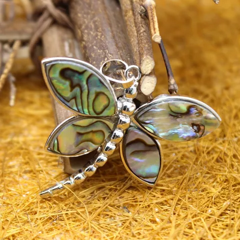 Natural Abalone Shell Dragonfly Pendant Necklace Vintage Alloy Rhinestone Animal Jewelry for Women Rainbow Color Large Small