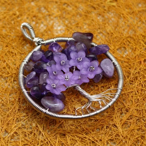 Handgefertigt Drahtgewickelt Lebensbaum Anhänger Für Damen Naturkristall Steinsplitter Harz Blume Vintage Bohemian Schmuck Zubehör