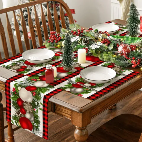 Nordischer Weihnachten Leinen Tischläufer Und Platzset Set Büffelkaro Schneeflocke Weihnachtsbaum Schneemann Tischdecke Für Esszimmer Party Feiertag Deko
