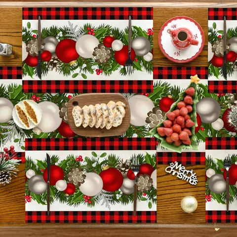 Nordischer Weihnachten Leinen Tischläufer Und Platzset Set Büffelkaro Schneeflocke Weihnachtsbaum Schneemann Tischdecke Für Esszimmer Party Feiertag Deko