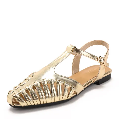 Women French Vintage Pointed Toe Hollow Out Woven Leather Sandals T-Strap Flat Roman Shoes Breathable Summer Fashion Sandals