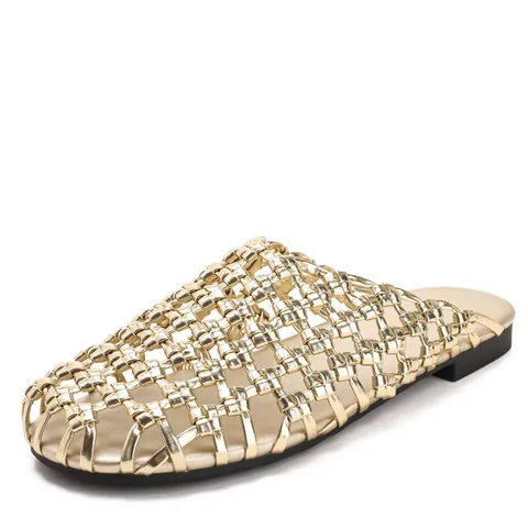 Women Vintage Woven Mules Closed Toe Flat Slippers Casual PU Leather Hollow Out Slip On Summer Outdoor Sandals