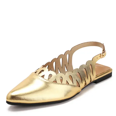 Vintage Women Pointed Toe Flats Hollow Out Synthetic Leather Slingback Sandals Summer Casual Slip On Flat Shoes Gold Brown