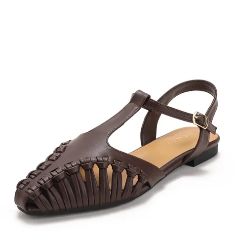 Women French Vintage Pointed Toe Hollow Out Woven Leather Sandals T-Strap Flat Roman Shoes Breathable Summer Fashion Sandals