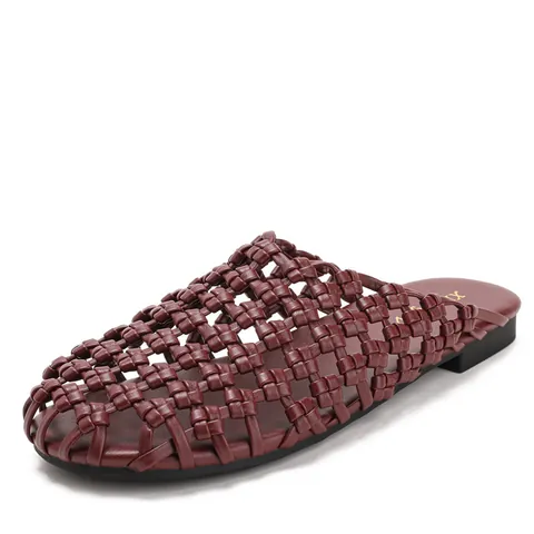 Women Vintage Woven Mules Closed Toe Flat Slippers Casual PU Leather Hollow Out Slip On Summer Outdoor Sandals