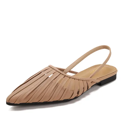 Women Retro Pointed Toe Hollow Out Slingback Flat Sandals Summer Casual Striped PU Leather Closed Toe Roman Shoes