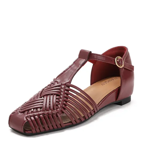Women's Vintage Woven T-Strap Wedge Sandals Fashion Square Toe Roman Style PU Leather Summer Breathable Daily Walking Shoes