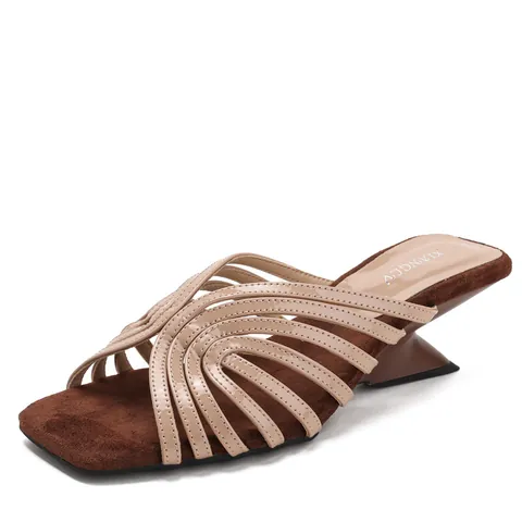 French Style Vintage Thin Strap Sandals For Women Geometric Sculptural Heel Square Toe Summer Slides PU Leather Shoes