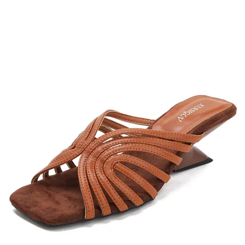 French Style Vintage Thin Strap Sandals For Women Geometric Sculptural Heel Square Toe Summer Slides PU Leather Shoes