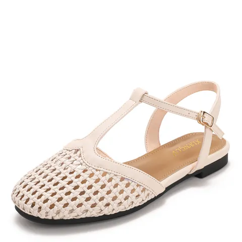Women Fairy Style Hollow Woven Sandals T-Strap Closed Toe Flat Summer Casual Beach Shoes PU Leather Non-Slip Commuter Sandals