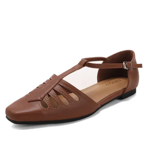 Women's Vintage T-Strap Hollow Out Sandals Square Toe Buckle Flat Shoes PU Leather Breathable Summer Casual Dress Sandals
