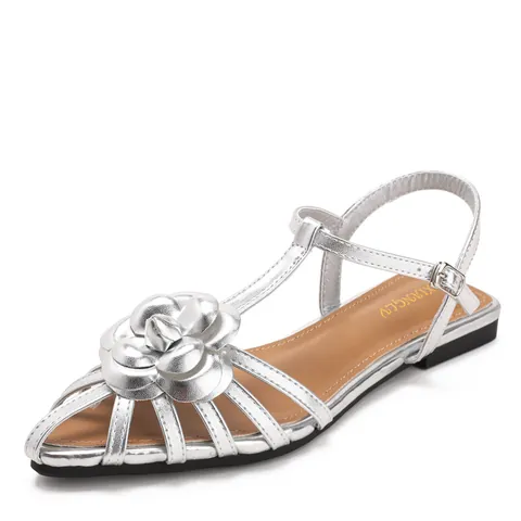Women Fairy Style Camellia Flat Sandals Roman Open Toe Ankle Strap T-Strap Summer Shoes Solid Color PU Slides