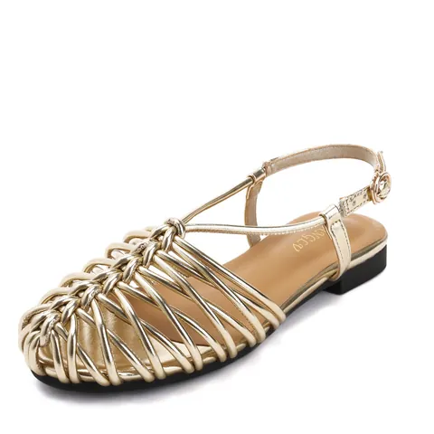 Women's Retro Hand Woven Gladiator Sandals Closed Toe Flat Roman Beach Shoes PU Leather Ankle Buckle Strap Summer Sandals