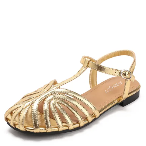 Retro Hollow Out Closed Toe T-Strap Flat Sandals For Women Summer Fashion Buckle Ankle Strap Beach Travel Casual Walking Shoes