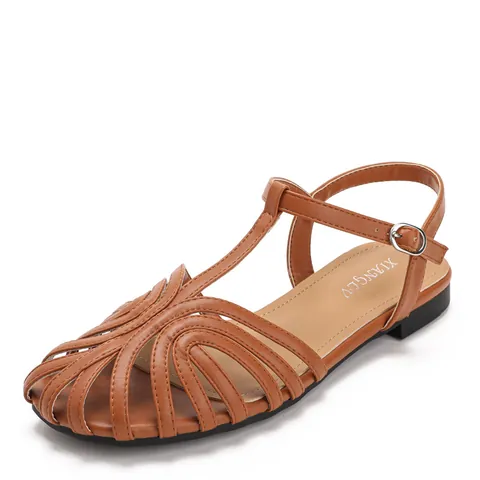 Retro Hollow Out Closed Toe T-Strap Flat Sandals For Women Summer Fashion Buckle Ankle Strap Beach Travel Casual Walking Shoes