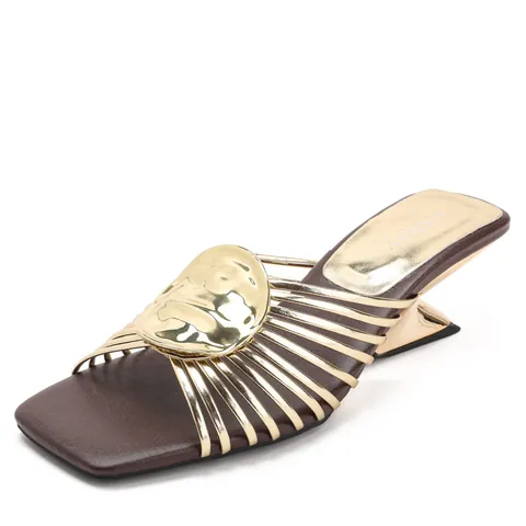 French Style Metallic Unique Heel Slide Sandals for Women Gold Silver Square Toe Strappy Summer Slippers Elegant Fashion Mules