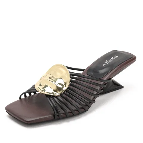 French Style Metallic Unique Heel Slide Sandals for Women Gold Silver Square Toe Strappy Summer Slippers Elegant Fashion Mules