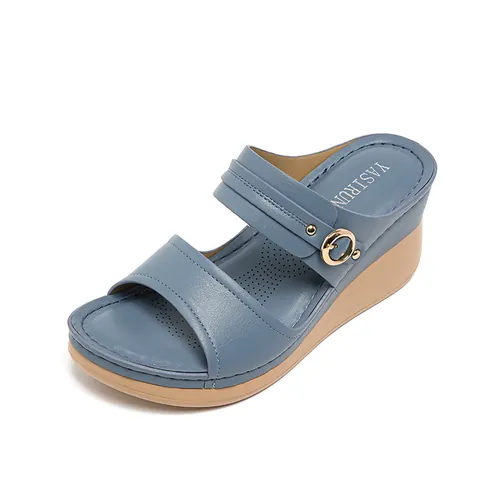 Sandales Compensées pour Femmes en Cuir PU Style Bohème Plateforme Bout Ouvert Confort Décontracté Chaussons de Plage Avec Boucle Métallique