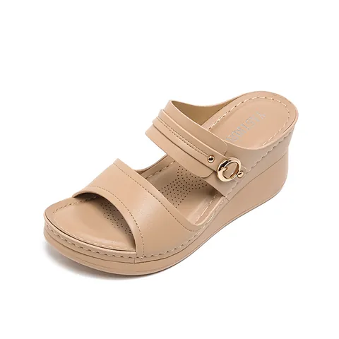 Sandales Compensées pour Femmes en Cuir PU Style Bohème Plateforme Bout Ouvert Confort Décontracté Chaussons de Plage Avec Boucle Métallique