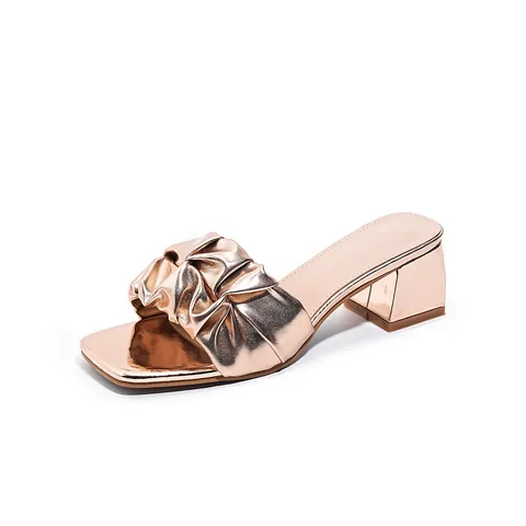 Mules à Talon Bloc Bout Carré Style Français Nœud Froncé pour Femmes Cuir PU Métallisé Chaussures d'Été Décontractées