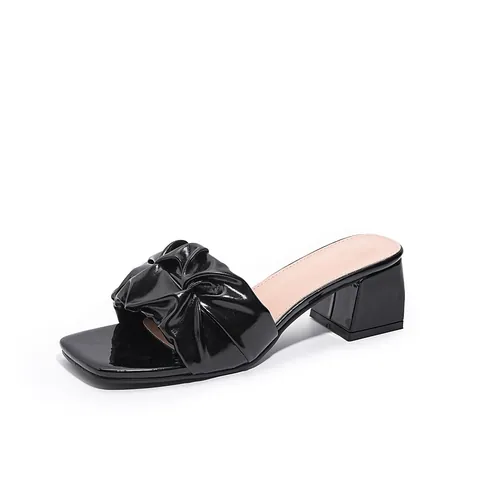 Mules à Talon Bloc Bout Carré Style Français Nœud Froncé pour Femmes Cuir PU Métallisé Chaussures d'Été Décontractées