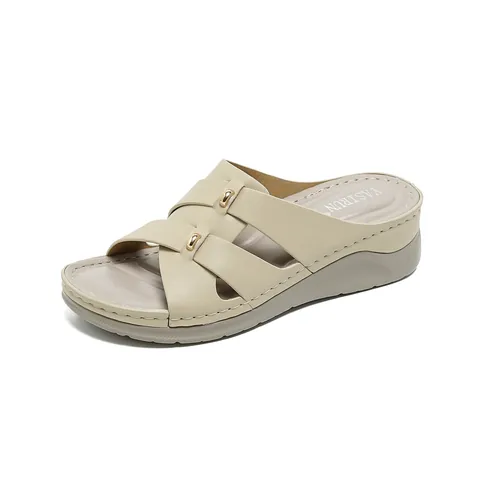 Women Wedge Sandals PU Leather Cross Straps Metal Buckle Stitching Detail Comfort Casual Platform Mules Slides Shoes